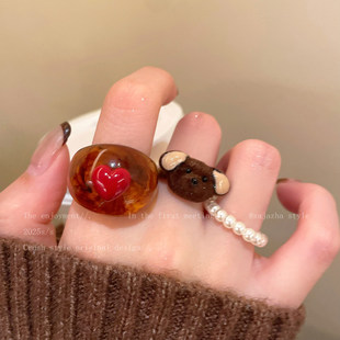 温柔暴击~小狗珍珠爱心戒指女秋冬小众设计感夸张叠戴食指戒指环
