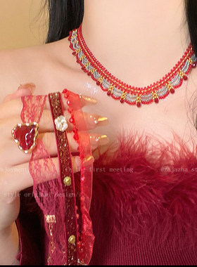 新年红色蕾丝choker颈链