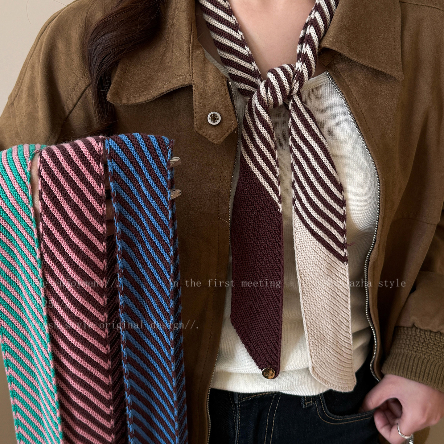 韩版细条纹布艺领带女设计感复古