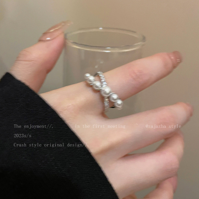法式珍珠交叉戒指女款法式叠戴开口食指戒小众设计轻奢高级感指环
