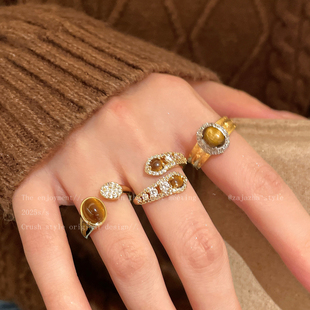 金色虎眼石中古开口戒指女小众设计夸张食指戒轻奢高级感套装指环