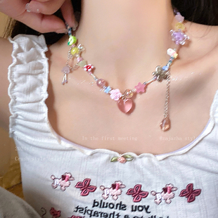 多巴胺彩色花朵爱心串珠项链女夏天童趣甜美配饰小众设计感锁骨链