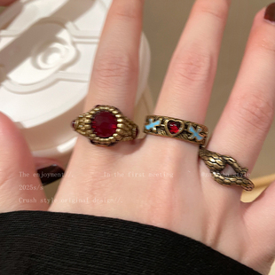 中古风Vintage串珠戒指小众设计时尚复古食指戒独特个性夸张指环