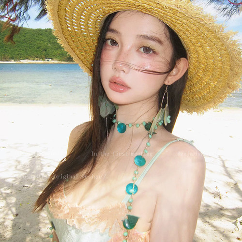 复古蓝绿色贝壳流苏项链女波西