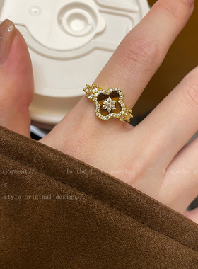 金色虎眼石花朵戒指女