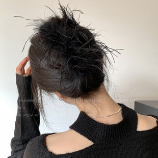 黑色羽毛流苏抓夹女韩系2026新款轻奢头饰高级感后脑勺盘发鲨鱼夹