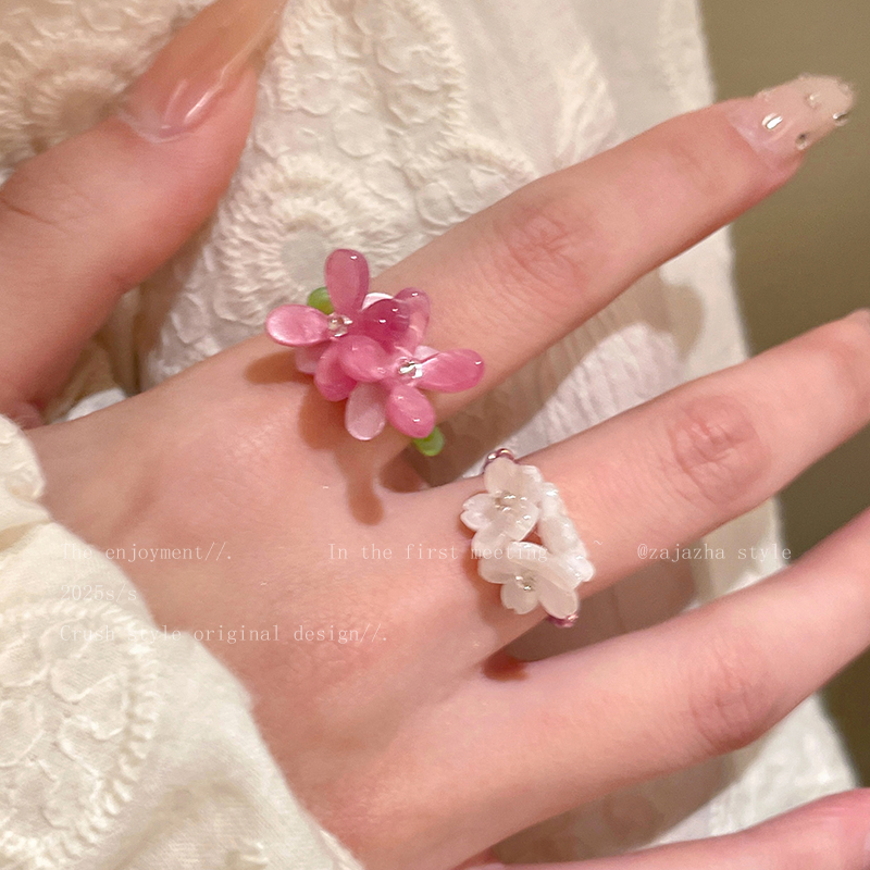 紫罗兰花朵弹力串珠戒指女夏天小众设计食指戒学生党闺蜜叠戴指环