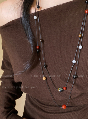 秋冬多层叠戴玛瑙串珠毛衣链女