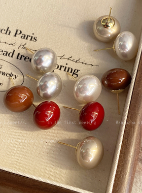 施家红色馒头珍珠耳钉女小众设计高级感复古耳环气质轻奢新年耳饰