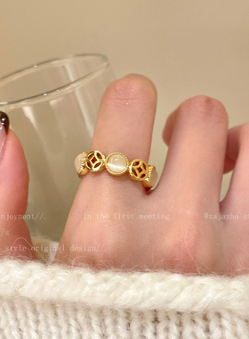 金色猫眼石铜钱戒指女2025新