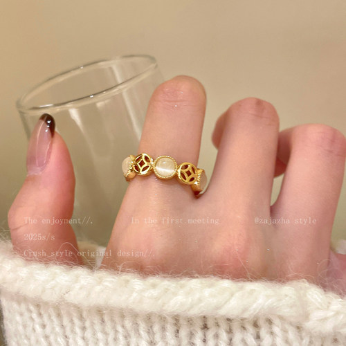 金色猫眼石铜钱戒指女2025新