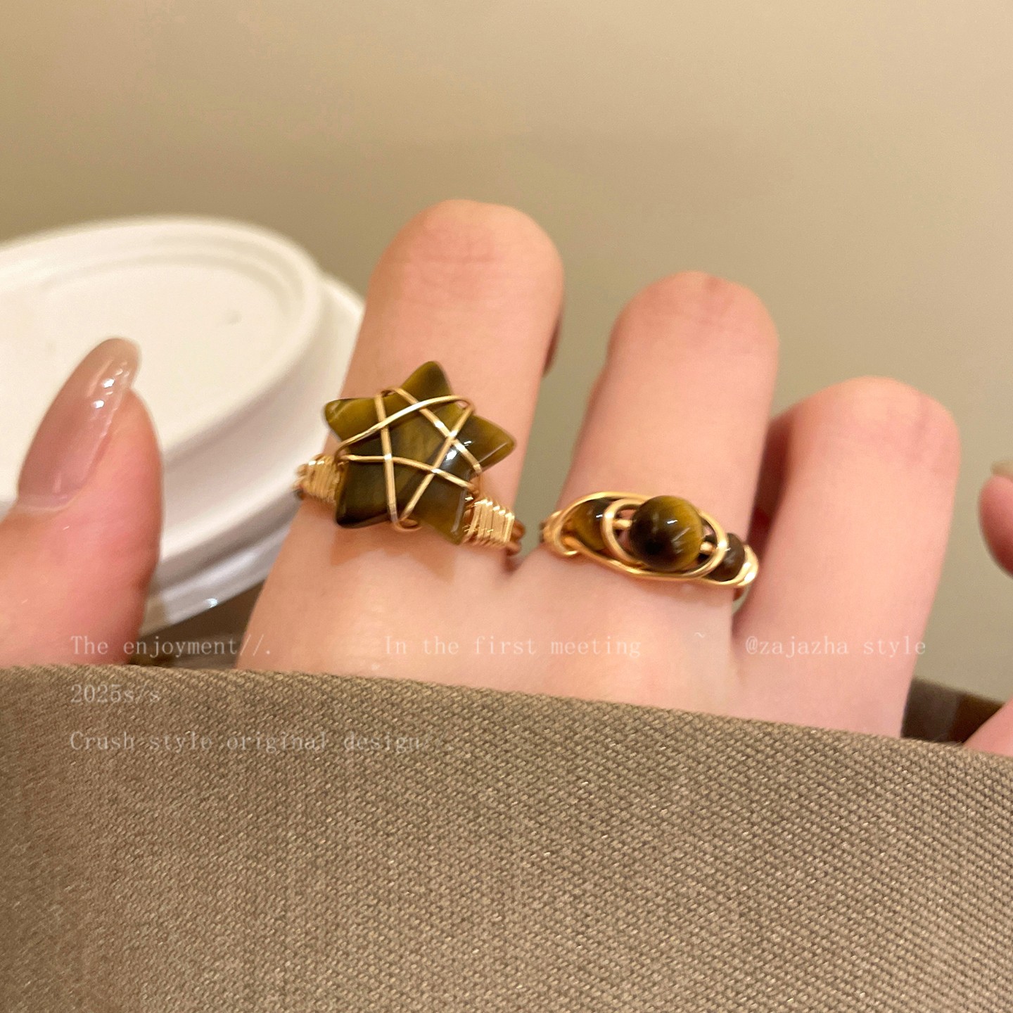 美拉德金色虎眼石开口戒指女款