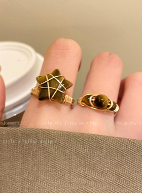 美拉德金色虎眼石开口戒指女款