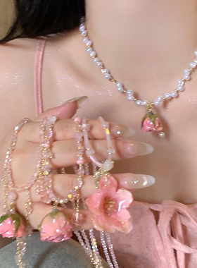 粉色永生玫瑰花项链女轻奢高级感