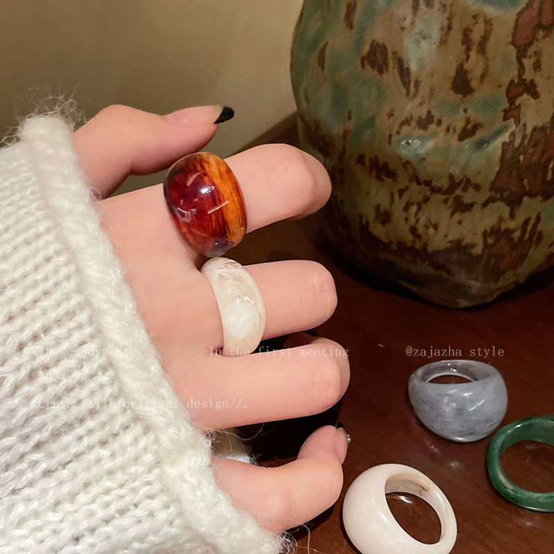 晕染彩色亚克力树脂戒指女小众复古琥珀色个性指环独特设计食指戒