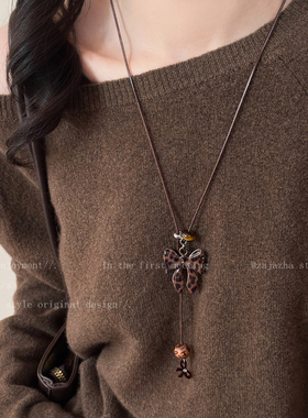 豹纹十字架蝴蝶结抽拉项链女