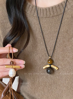 韩系小众虎眼石珍珠毛衣链女