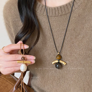 韩系小众虎眼石珍珠毛衣链女款设计感长款项链轻奢高级感秋冬配饰
