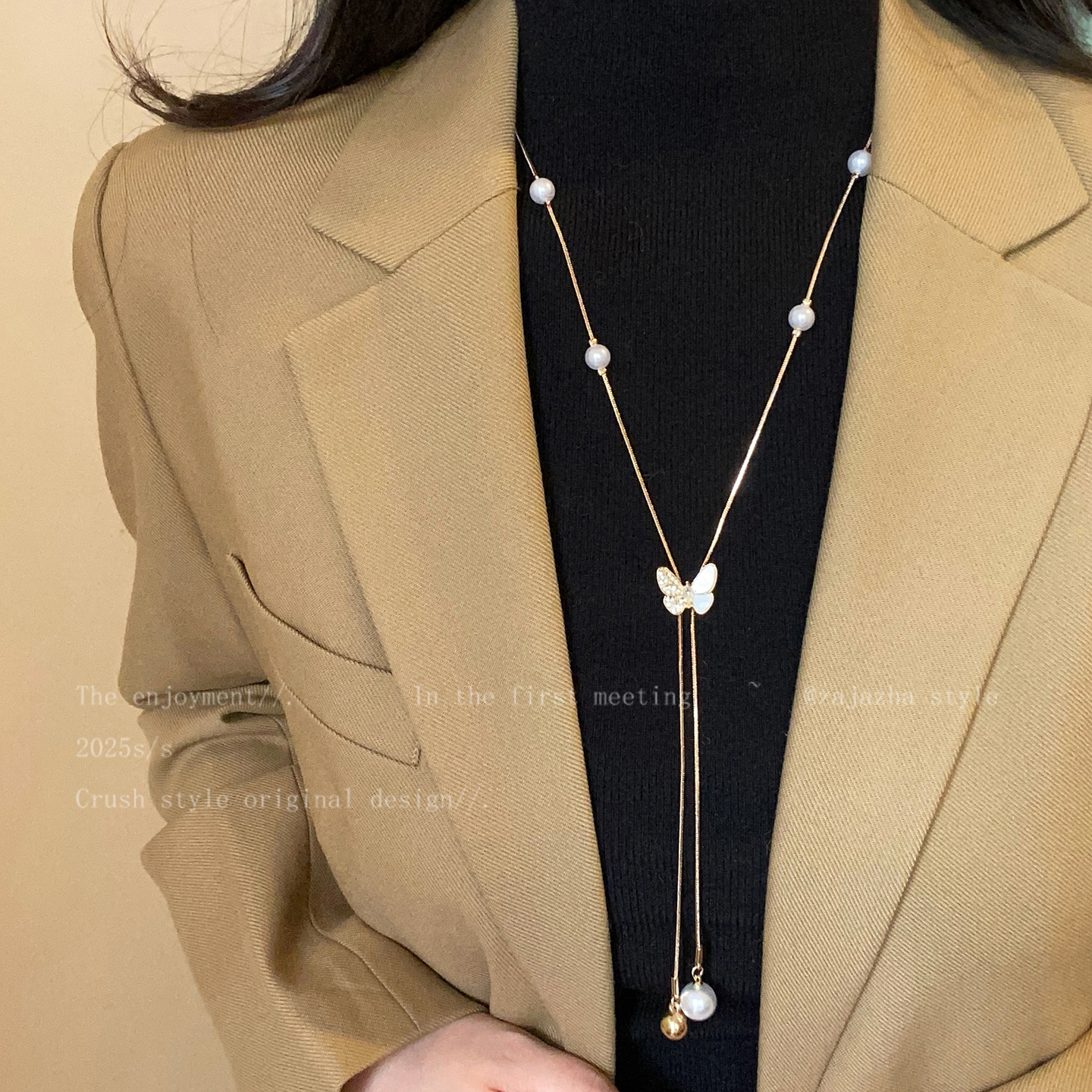 蝴蝶珍珠长款毛衣链女冬季