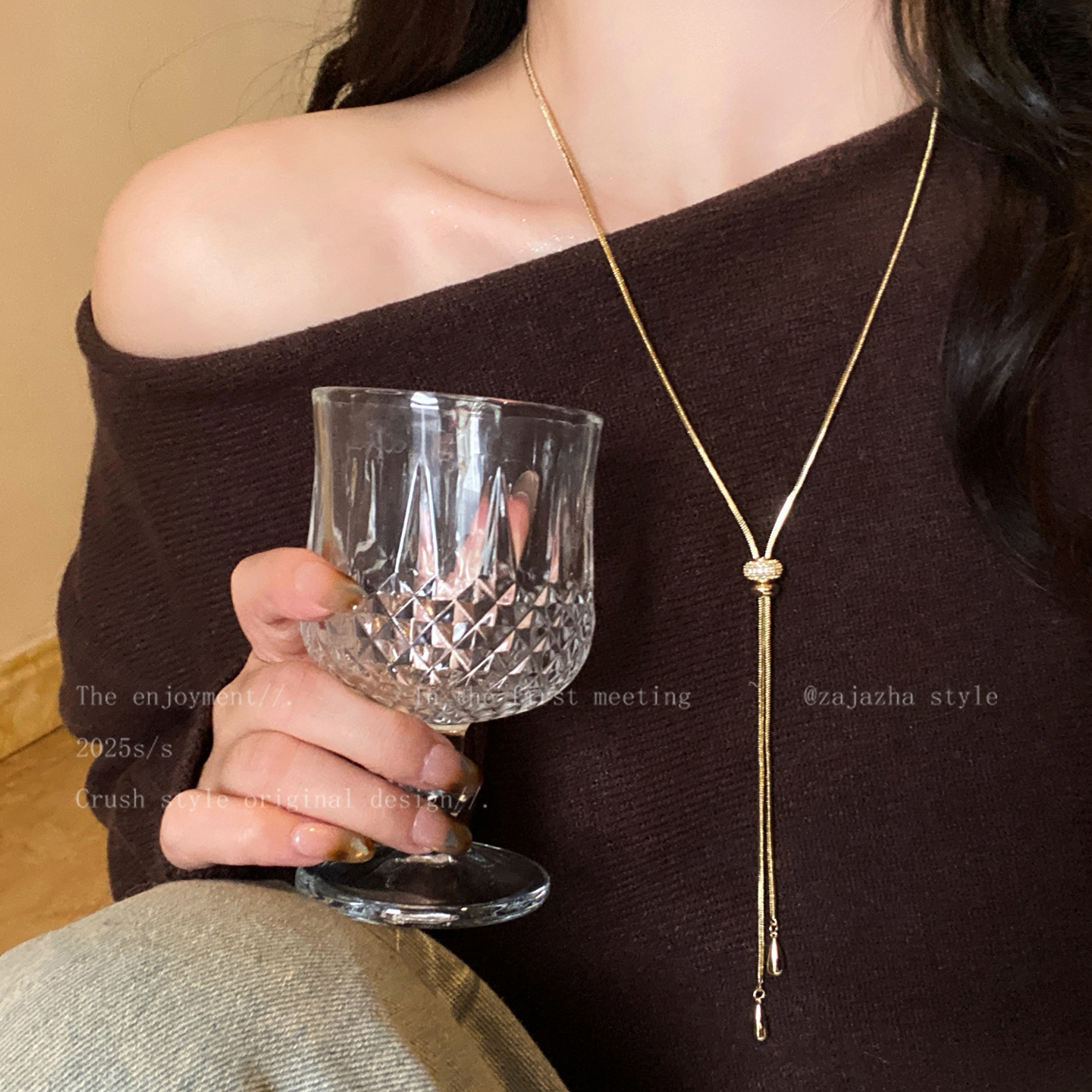 金色锆石抽拉项链女秋冬