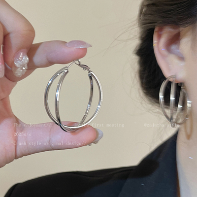 简约双层交叉大耳圈耳环女