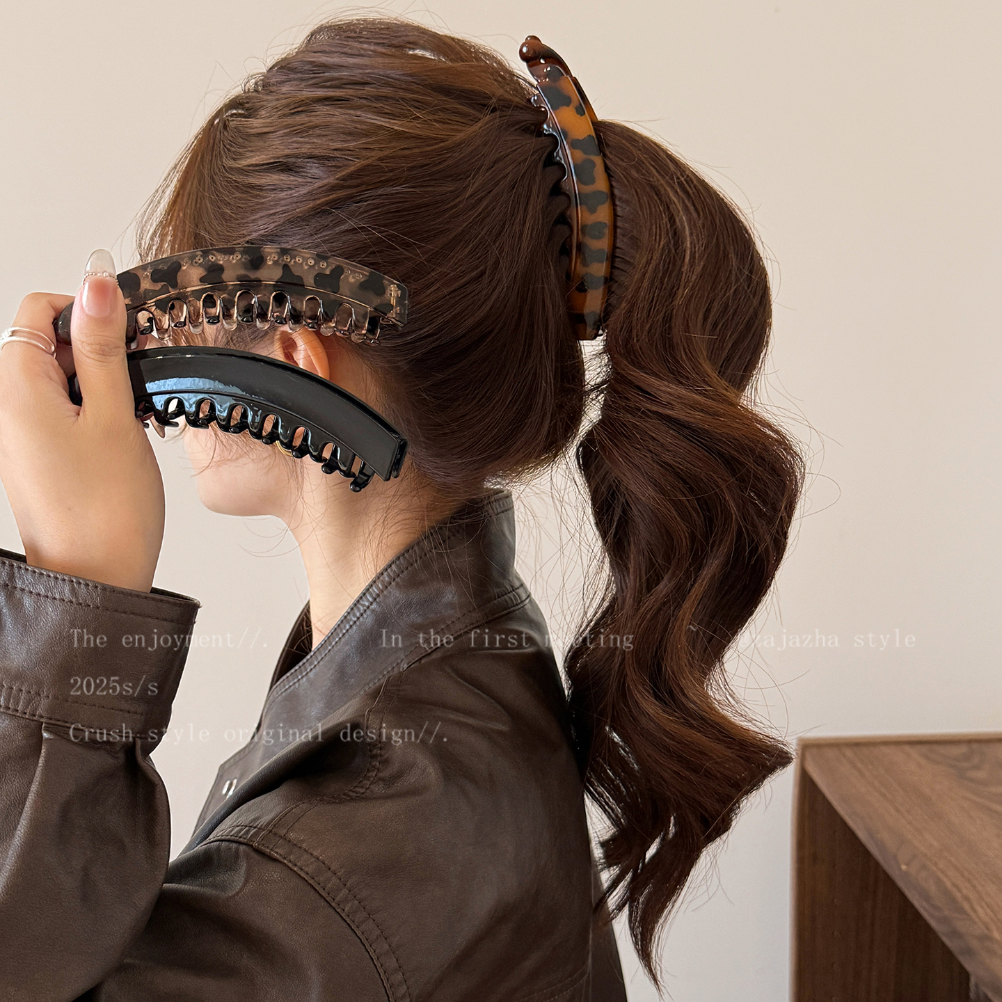 复古豹纹高马尾香蕉夹抓夹