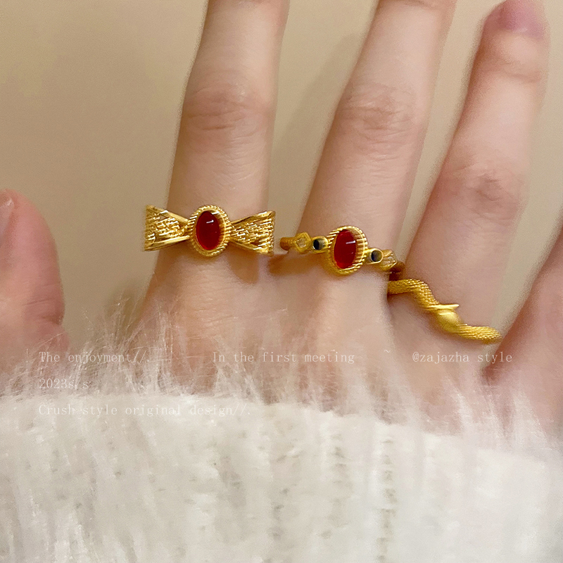 红色滴釉哑金开口戒指女轻奢高级感小众设计食指戒时尚个性指环潮