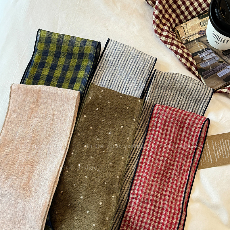 复古文艺波点亚麻丝巾女韩系百搭小众丝带薄款领巾系脖高级感配饰