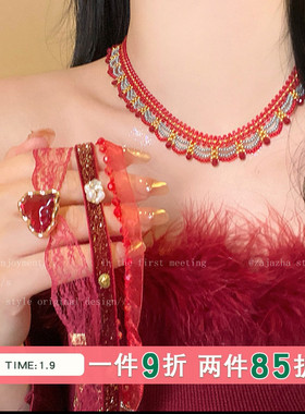 新年红色蕾丝choker颈链