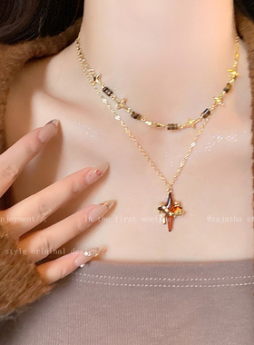 美拉德棕色星星吊坠项链女双层叠戴锁骨链复古日常百搭辣妹卫衣链