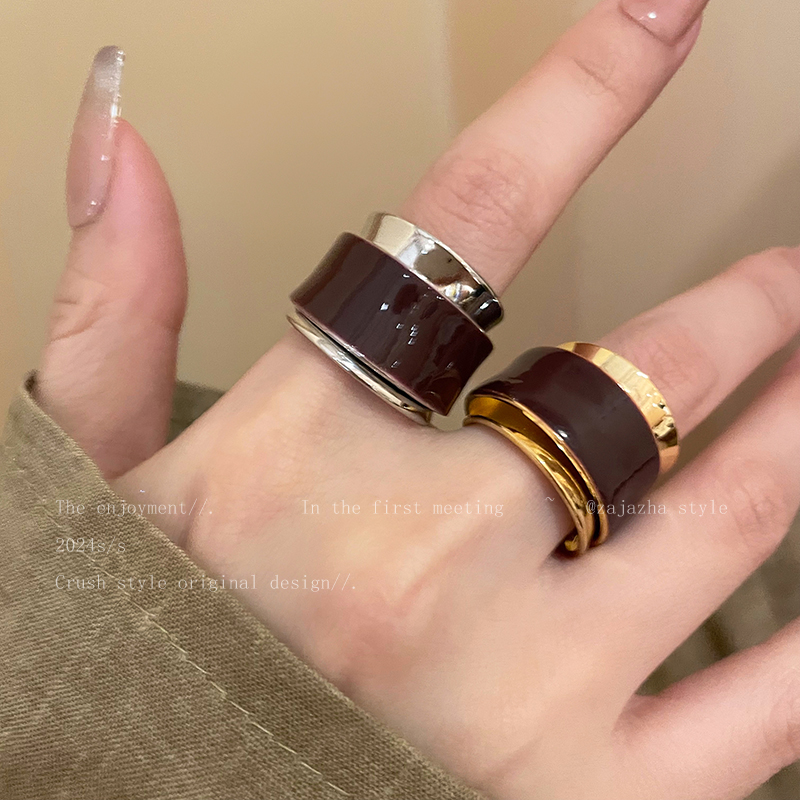 法式巧克力色双层戒指女款小众设计复古食指戒轻奢高级感叠戴指环
