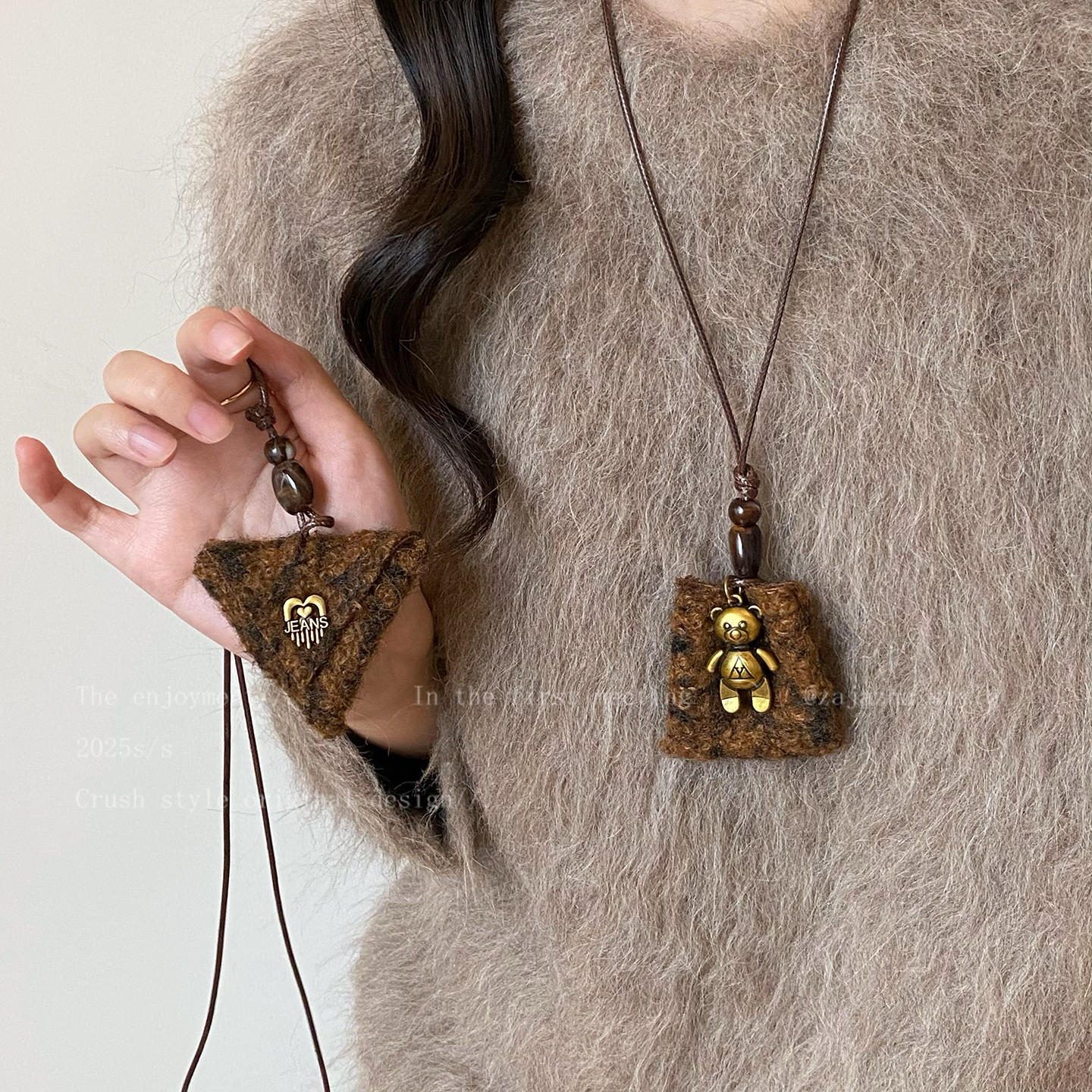 美拉德毛绒小熊项链女秋冬
