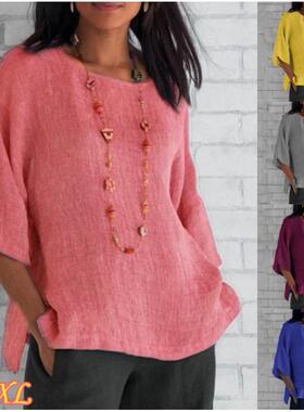 Womens three-quarter sleeve round neck cotton and linen