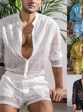 prowow summer mens two piece suits sets see through lace