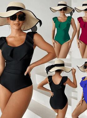 One-piece bikini black polyester fabric ruffled edge large