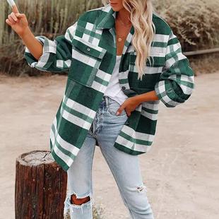Button Flannel Shirt Women Pocket Plaid Double Outer