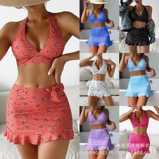 three piece floral Women skirt swimsuit tie bikini