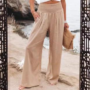 Linen Solid Wide Cotton Leg Waist and Elastic Womens Color