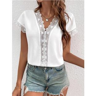 neck all solid match casual color sleeved Lace short