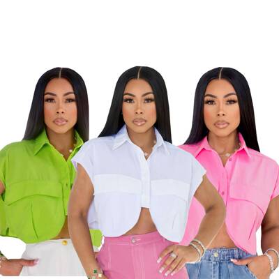 cropped sleeveless white shirt women fashion pockets female