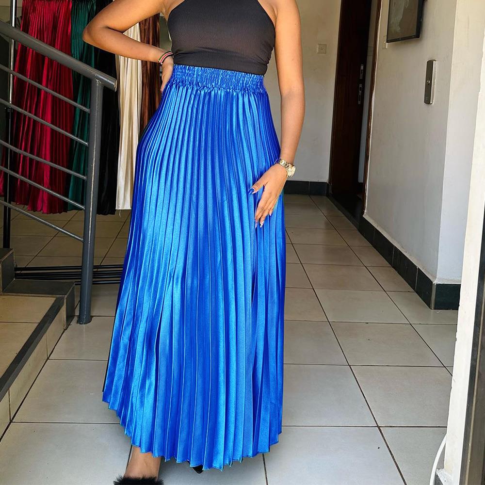 women for skirt leather pleated -line waist high elastic