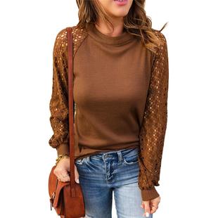 shirt round Womens waffle top long stitching neck lace
