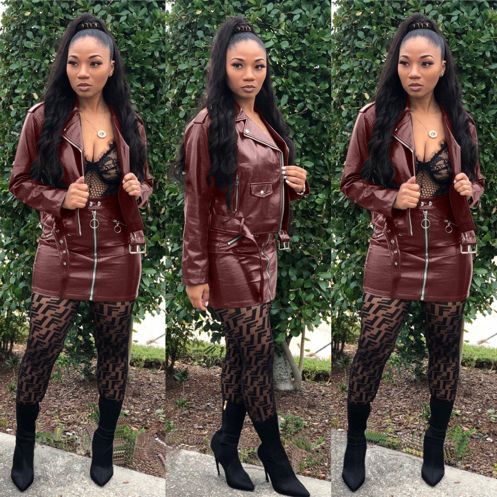 Jacket Cropped Lapel Motorcycle Jacket Top with Belt Skirt