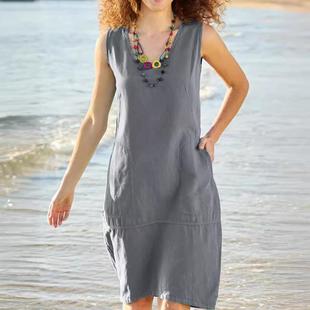 Womens Color Pocket Dress Solid neck Cotton Linen