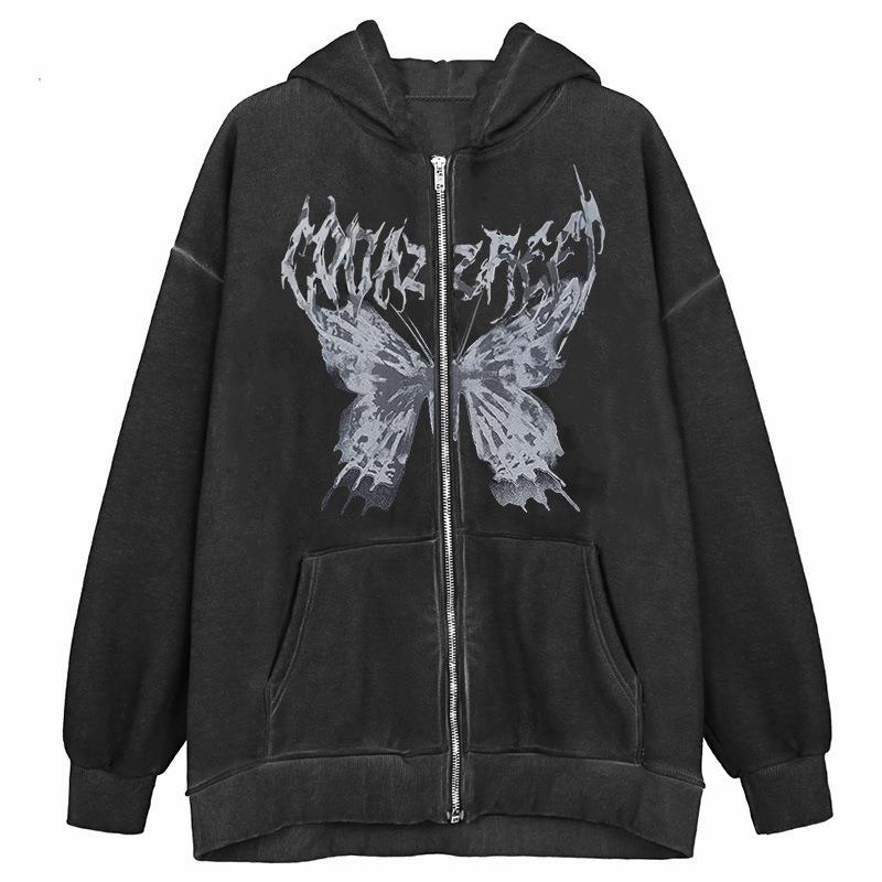 letter female embroidery hooded hoodies up zip oversized