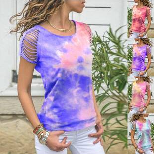 short-sleeved tie-dye ripped off-shoulder flower Womens