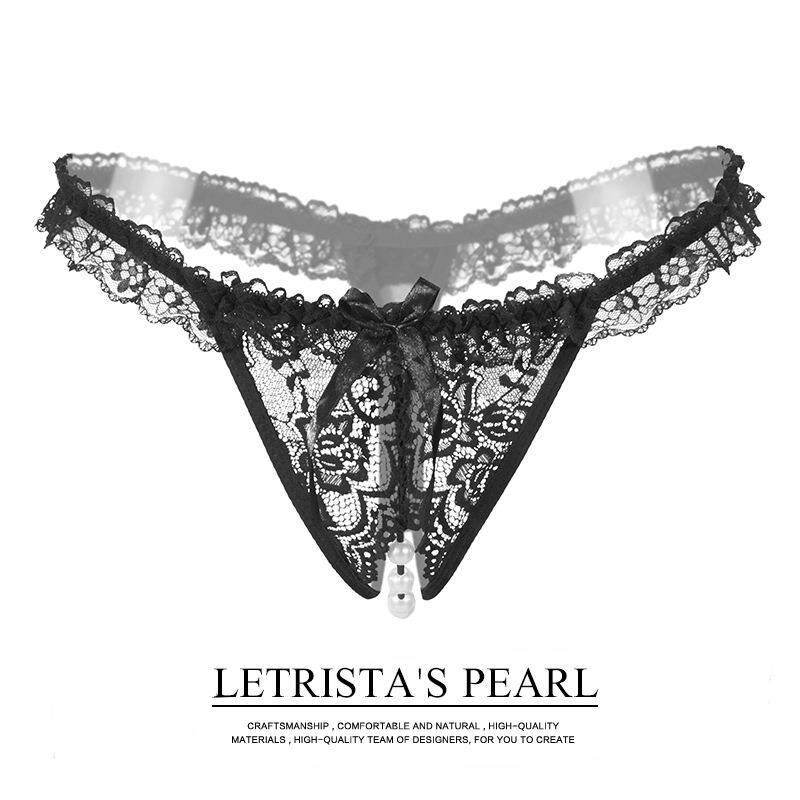 Sexy Thong Women Lace Pearl Massage Transparent Crotchless
