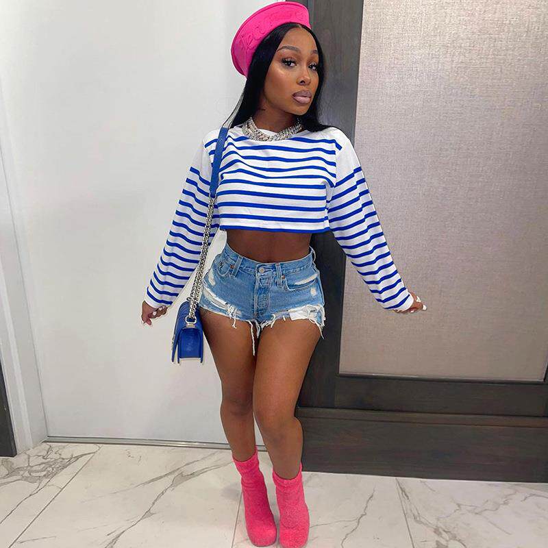 Top Cropped T-Shirt Sleeve Long Striped Casual Fashion