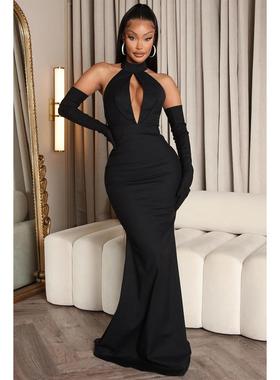 Women's Fashion Sexy Backless Hollow Halter Neck Dress