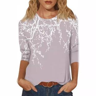 Loose Fashion quarter Womens Three shirt Top Neck Sleeve